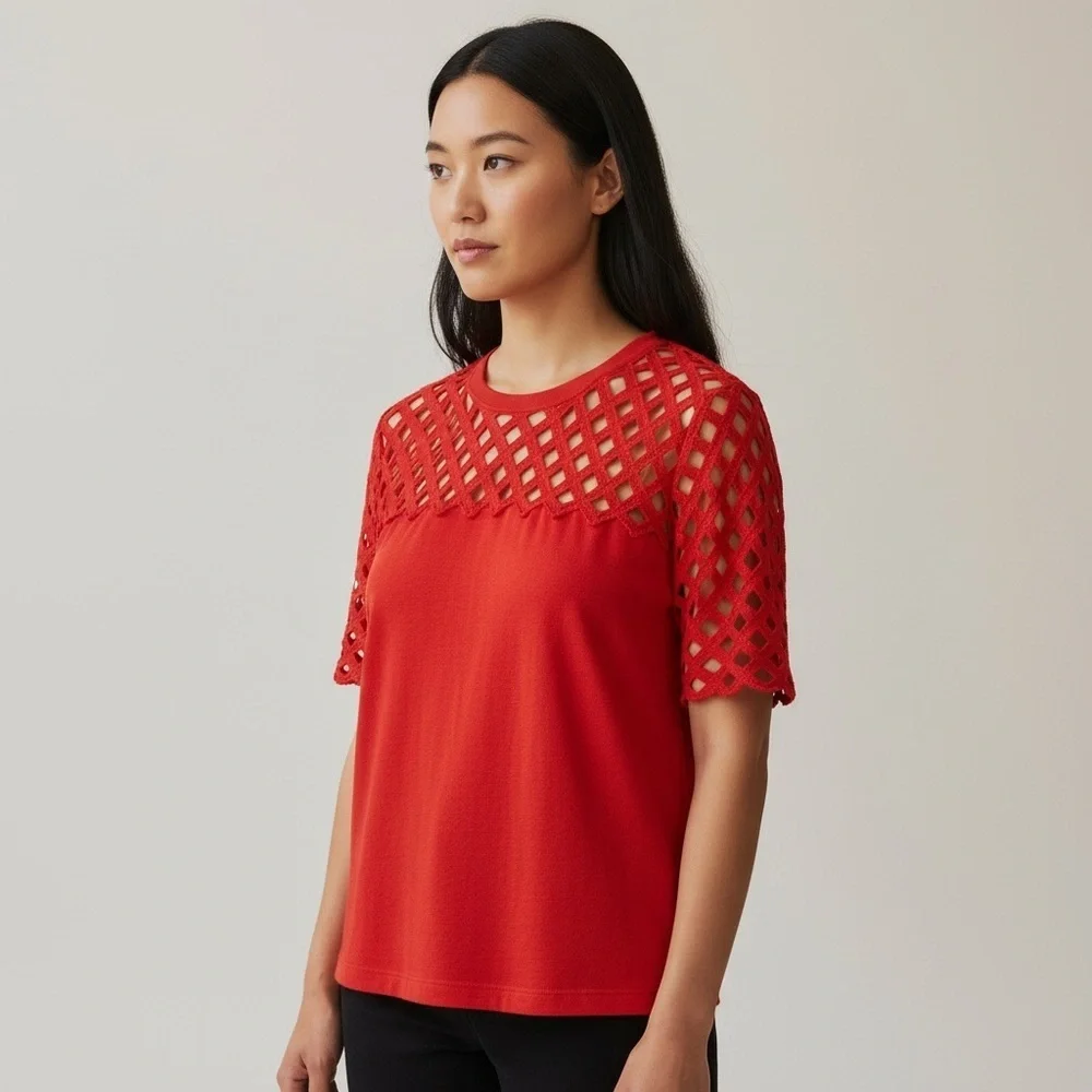 Sandro Paris Red Lace Keyhole Blouse NWT FR2 US6